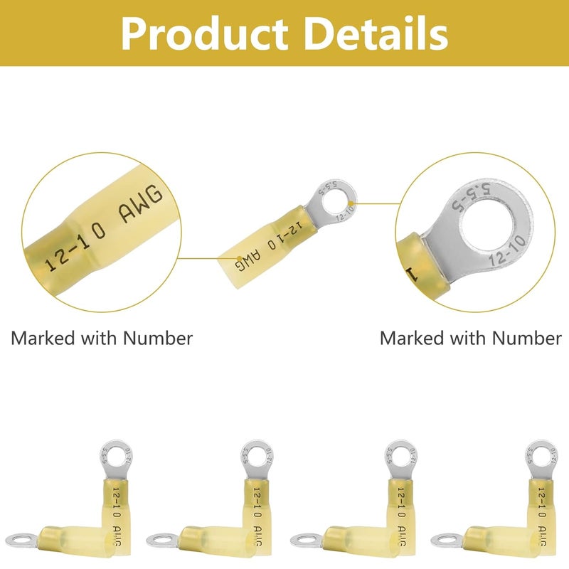 PRECIHW Heat Shrink Ring Terminals #10 AWG 12-10, 100 PCS Insulated Electrical Connectors, Eyelet Wire Connectors, Marine Grade Ring Terminals for Automotive, Audio - Image 3
